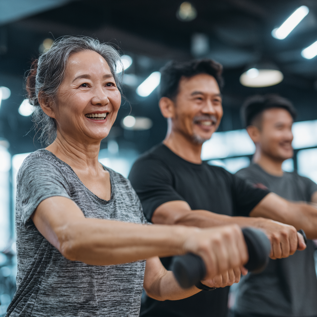 Happy smiling Kazakh adults of different ages engaging in outdoor cardio exercise together in a park setting