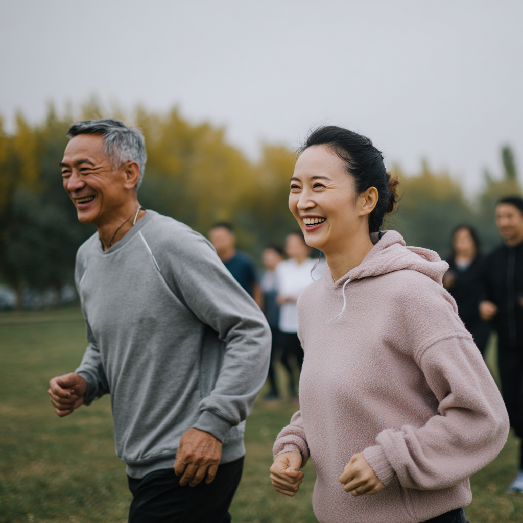Group of relaxed smiling Kazakh adults doing gentle stretching and recovery exercises on yoga mats in a peaceful indoor environment