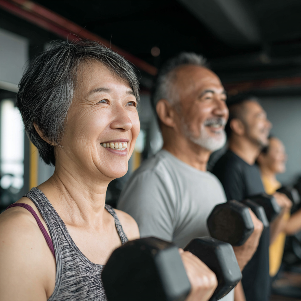Diverse group of smiling Kazakh adults of various ages celebrating together after completing a successful cardio workout session outdoors